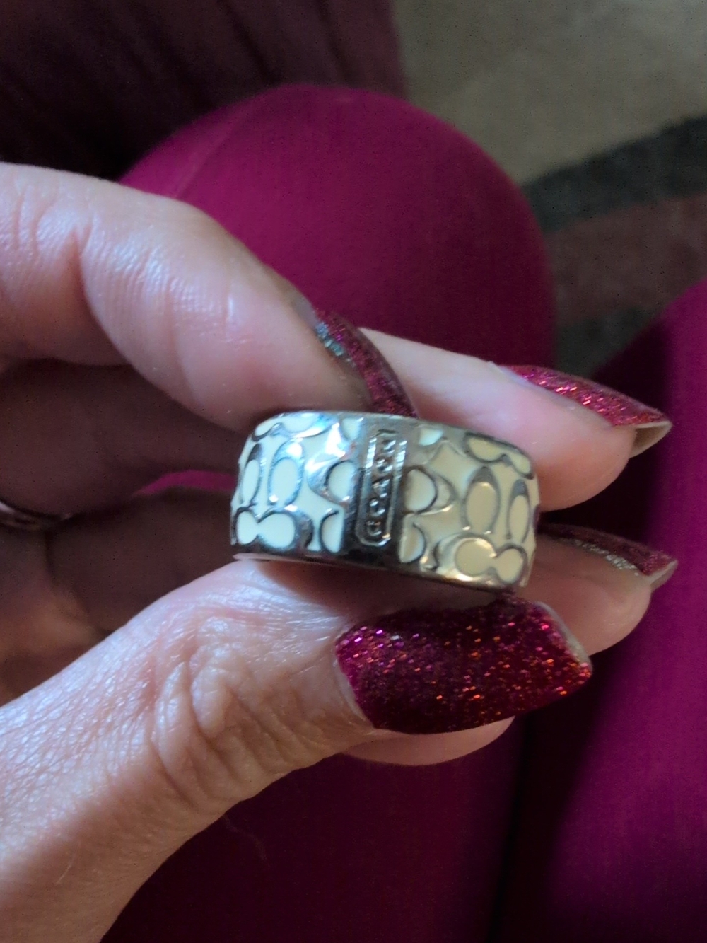 Coach White Enamel Signature Pattern Ring with Crystal Bar